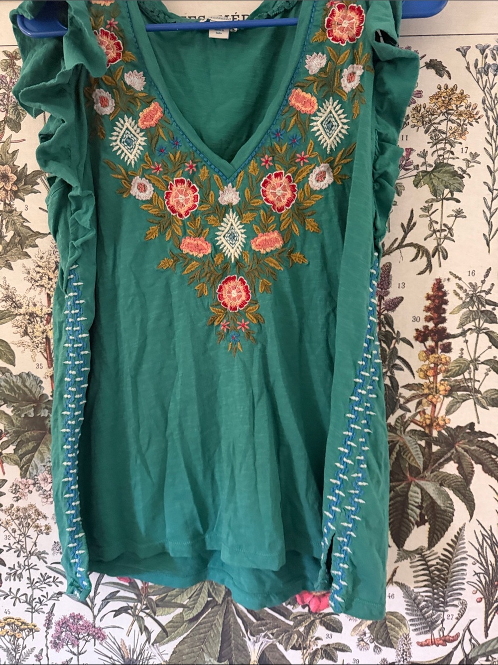 sundance boutique Teal Floral Embroidered V-Neck Tunic